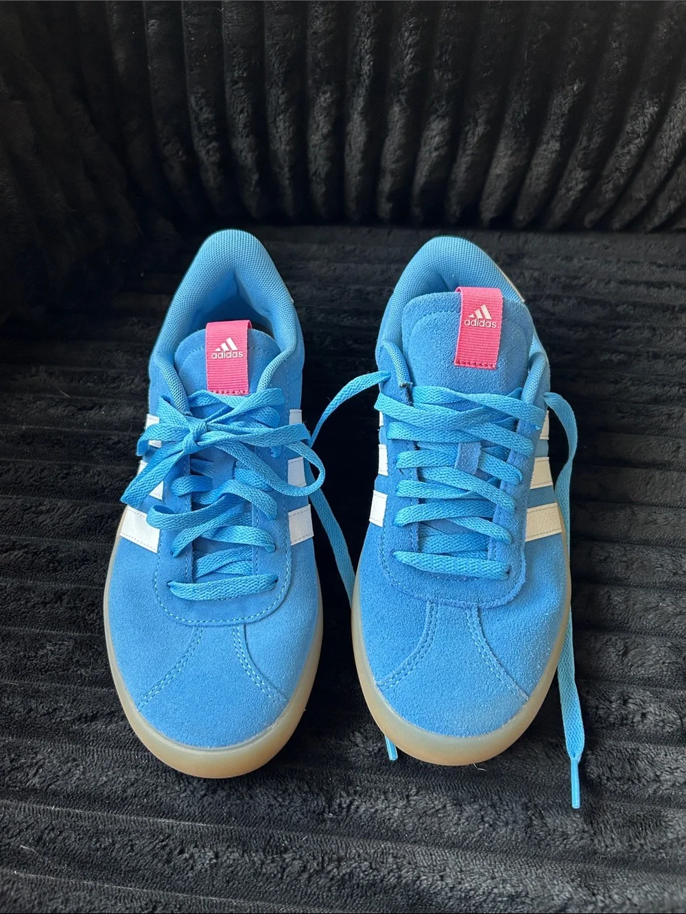 adidas Women’s Bright Blue Suede Sneakers with White Stripes and Pink Tongue Tab